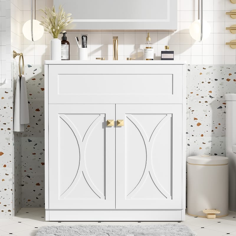 Modern Bathroom Vanity Floor Cabinet with Pull-out Rack, Soft Closing Textured Doors and Exquisite Gold Square Metal Handles - White