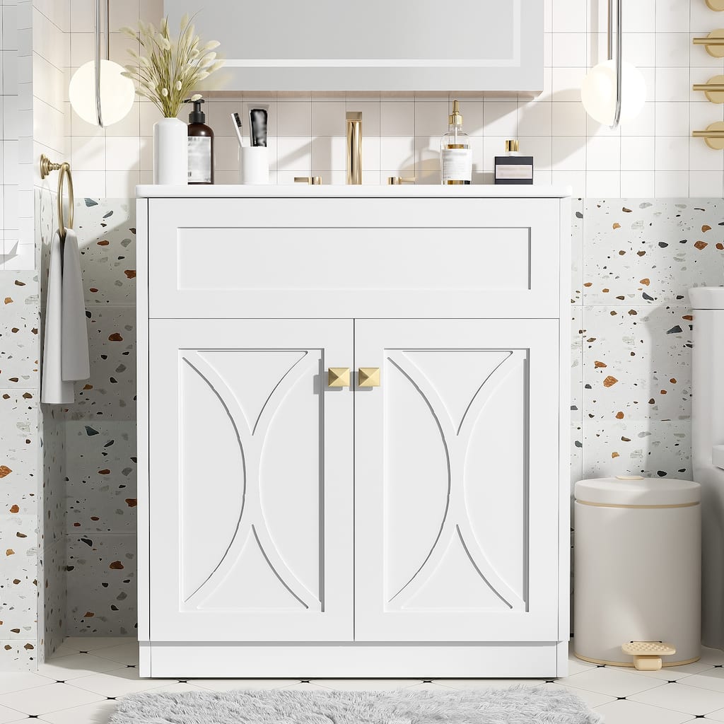 Modern Bathroom Vanity Floor Cabinet with Pull-out Rack, Soft Closing Textured Doors and Exquisite Gold Square Metal Handles