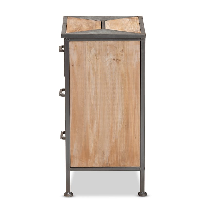 Baxton Studio Laurel Rustic Industrial Antique Grey Finished Metal and Whitewashed Oak Brown Finished Wood 3-Drawer End Table