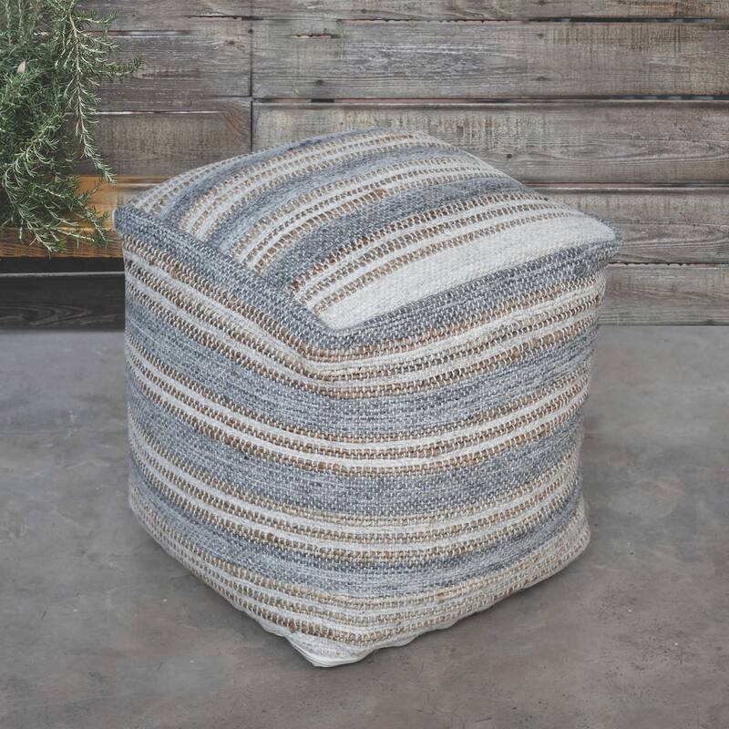 Handwoven Striped Pouf Ottoman - 18" - Gray and Cream
