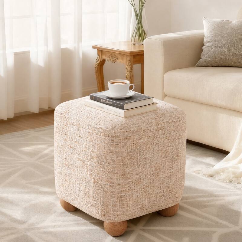 Chenille Upholstered Pouf Ottoman Footstool Acacia Solid Wood Footrest - Beige