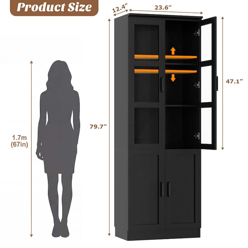 80" Tall Display Bookcase with Glass Doors and Adjustable Shelves,Freestanding Storage Bookshelf for Living Room, Home Office.