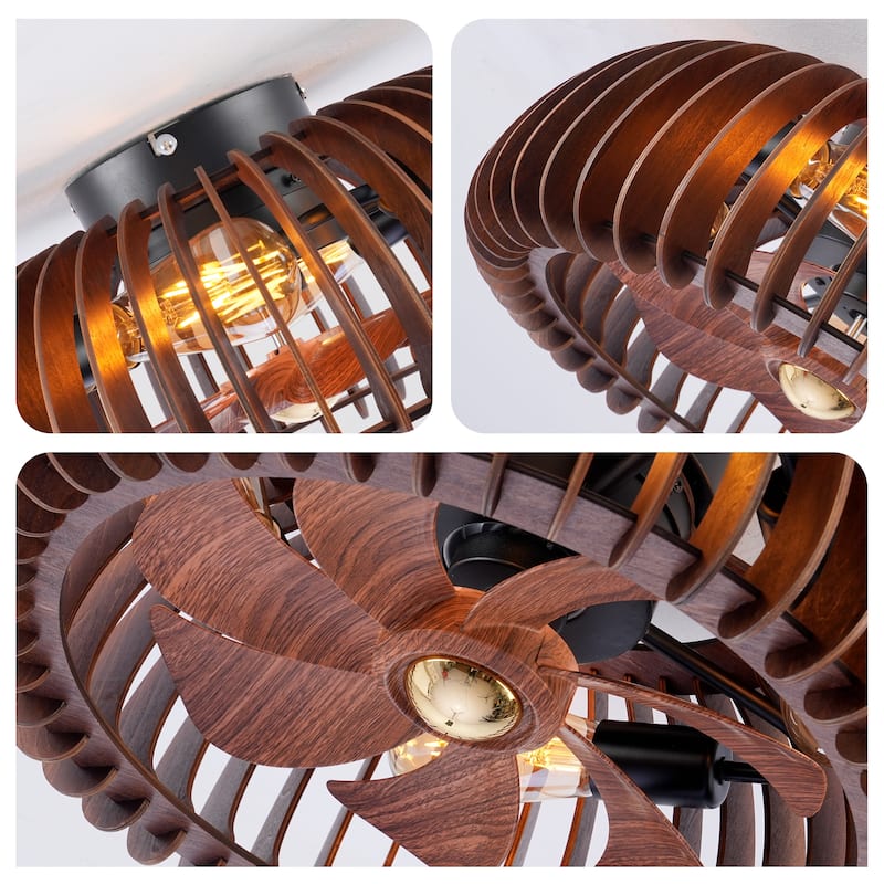 19.7" Farmhouse Flush Mount Ceiling Fans with Lights and Remote Control, Rustic Low Profile Wood Ceiling Fan