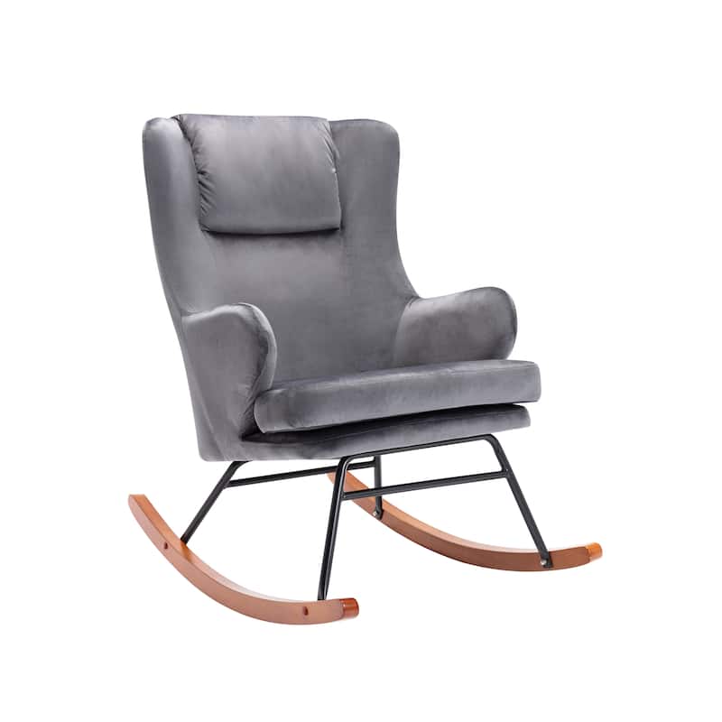 Porthos Home Dax Rocking Accent Chair, Velvet, Rubber Wood and Steel Legs - Grey