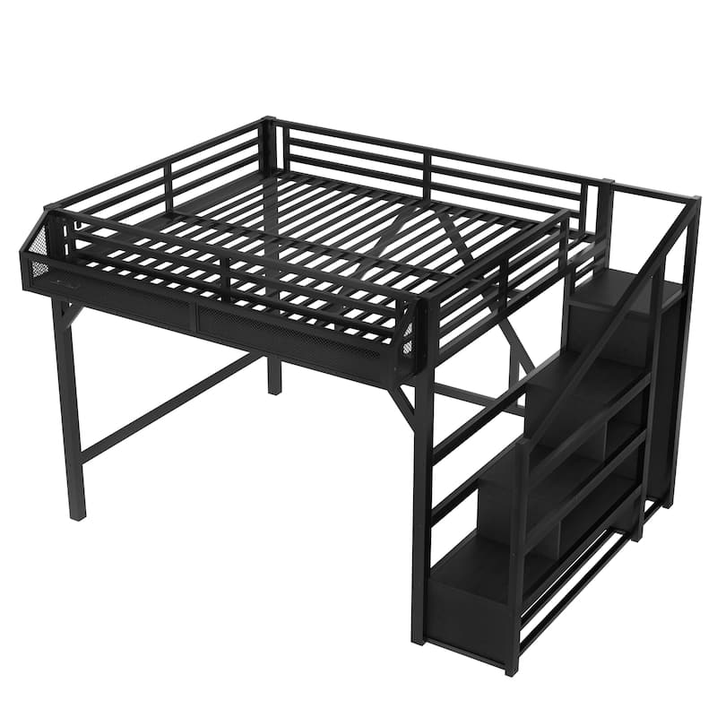 Queen Loft Bed with Storage Stairs, Shelves and Built-in Wardrobe, Metal Loft Bed Frame with USB Ports and LED Lights