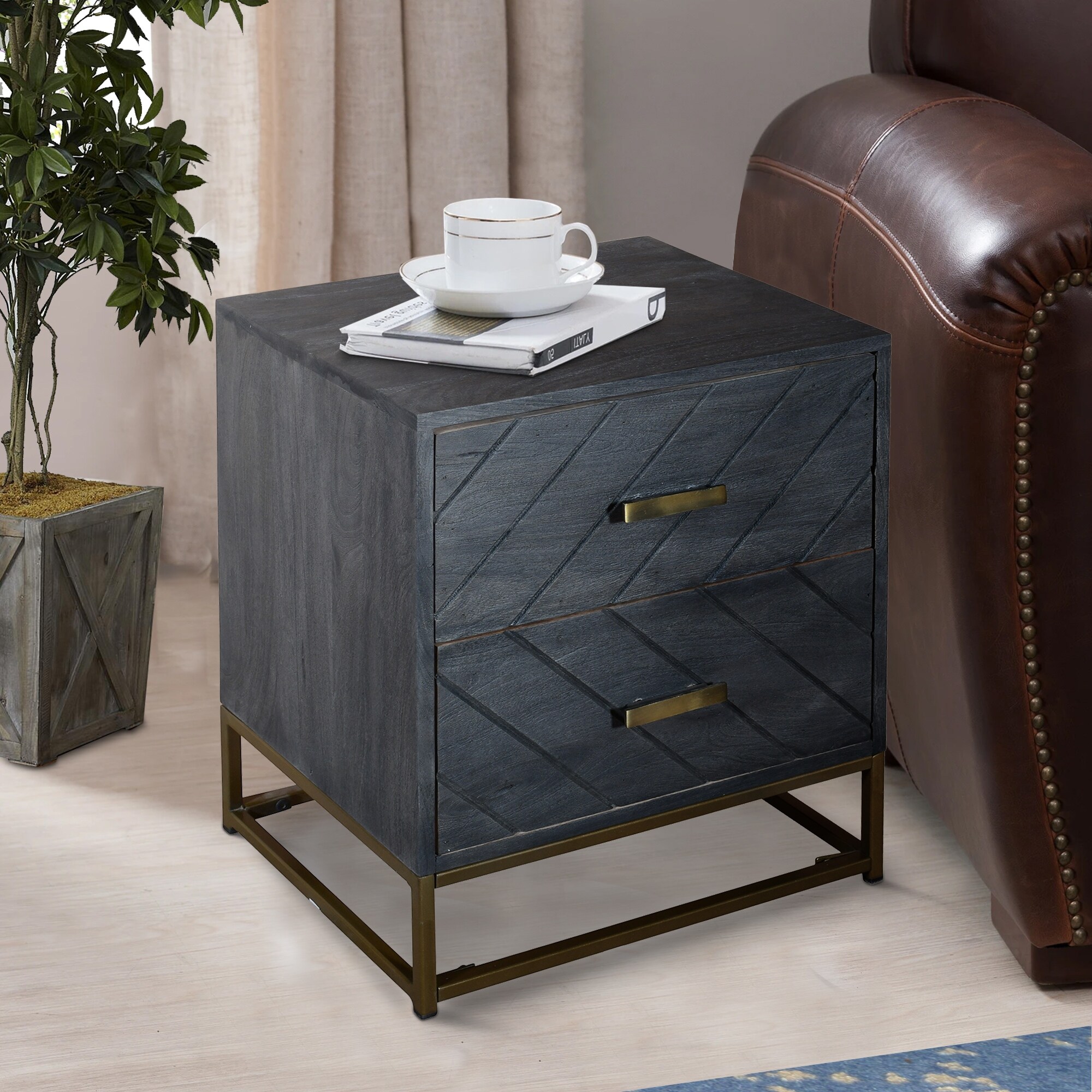 21.7 Inches 2 Drawer Mango Wood Bedside Table with Tubular Metal Base, Gray