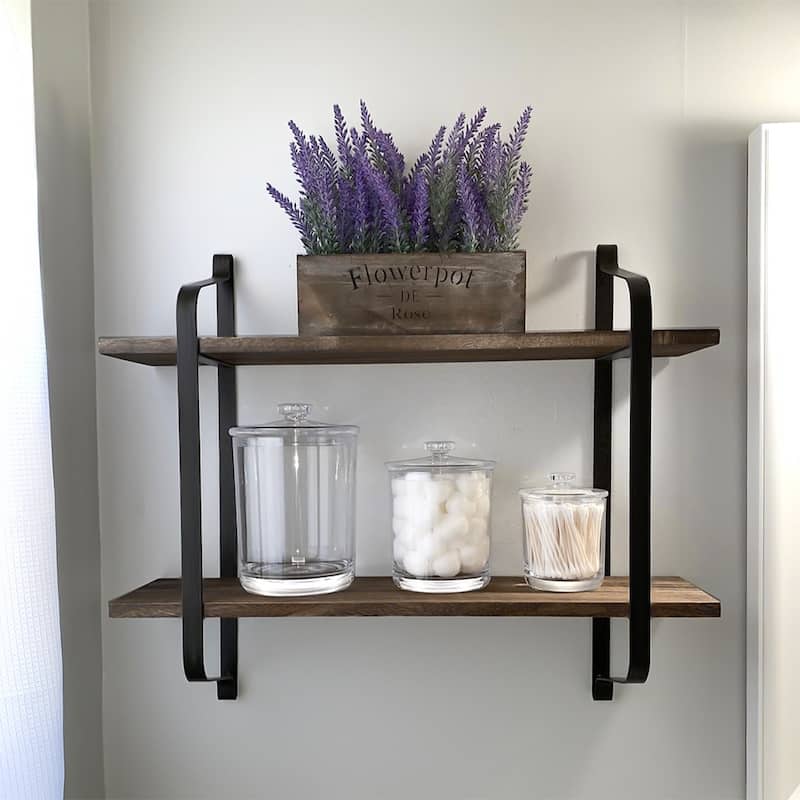 2 Tiers Pine Solid Wood Floating Shelf Wall Mounted with Live Edge