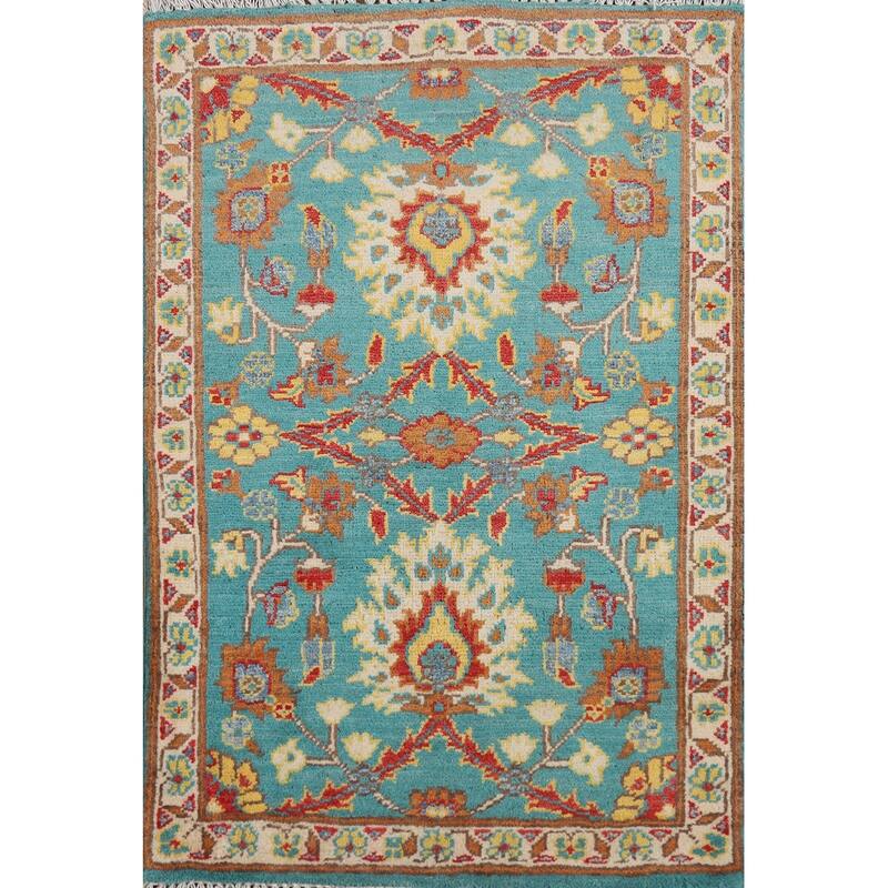 Turquoise Blue Kazak Oriental Foyer Rug Hand-Knotted Wool Carpet - 2'0" x 3'0"
