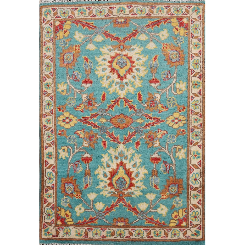 Turquoise Blue Kazak Oriental Foyer Rug Hand-Knotted Wool Carpet - 2'0" x 3'0"