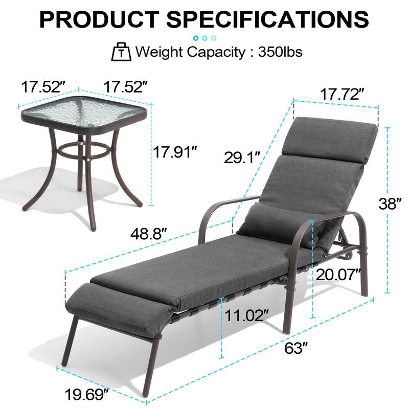 Outdoor Cushioned Chaise Lounge Chairs Adjustable Reclining Sun Lounger with Side Table