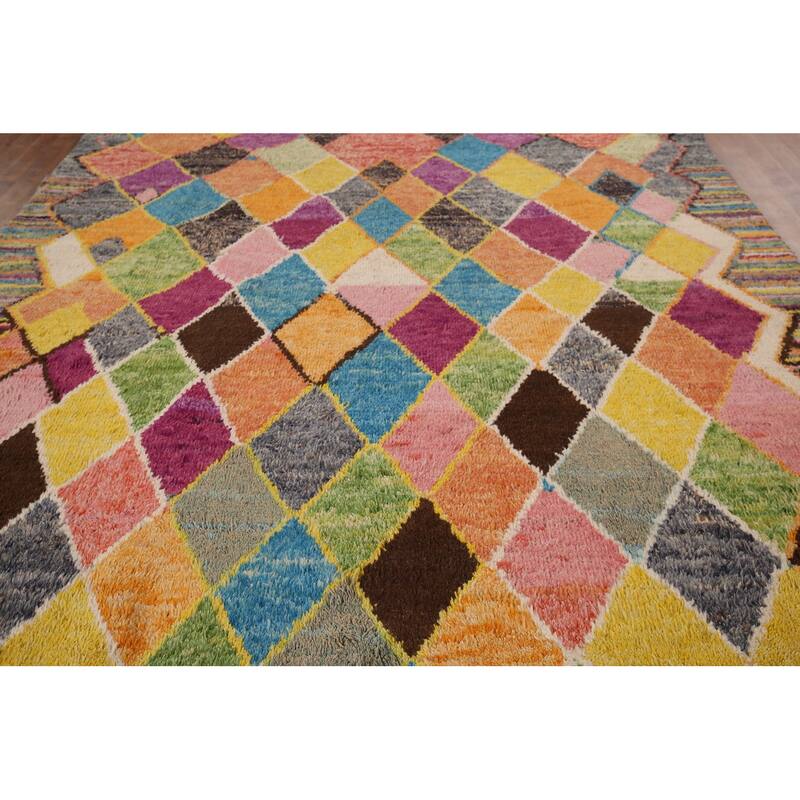Colorful Trellis Plush Moroccan Area Rug Hand-Knotted Wool Carpet - 8'5" x 13'1"