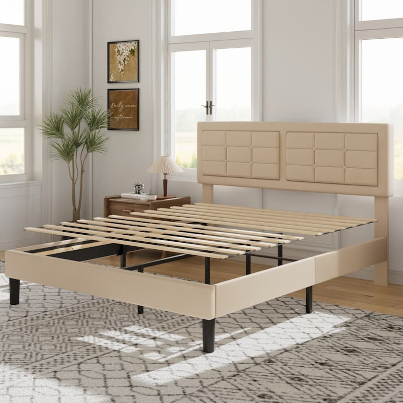 VECELO Bed Frame with Adjustable Headboard Upholstered Button Tufted Platform Bedframe with Wood Slats Support