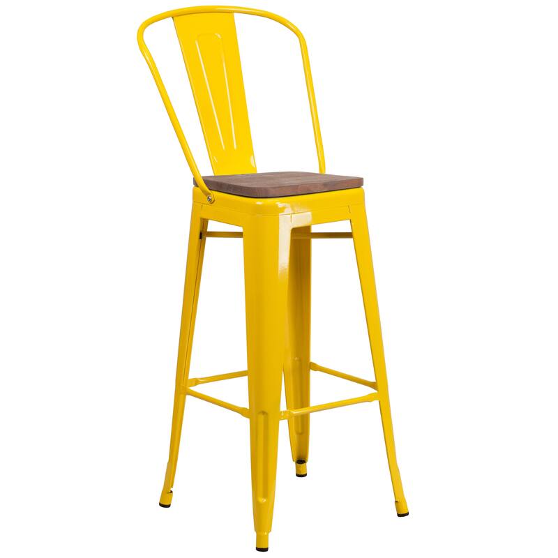 30" High Metal Barstool with Back and Wood Seat - 17.75"W x 20"D x 45.25"H