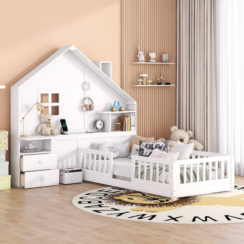 Full Size Wooden House Bed with Bedside Drawers & Shelves, House-Shaped Platform Bed with Power Outlet & USB Port for Kids Teens