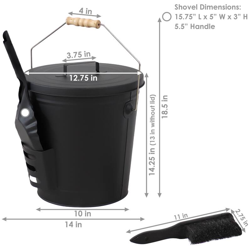 Steel Fireplace Ash Bucket with Lid, Shovel and Brush