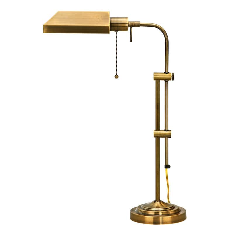 Metal Pull Chain Table Lamp with Rectangle Shade Dimmable Adjustable - 16” x 7” x 26” (D x W x H) - Antiqued Brass