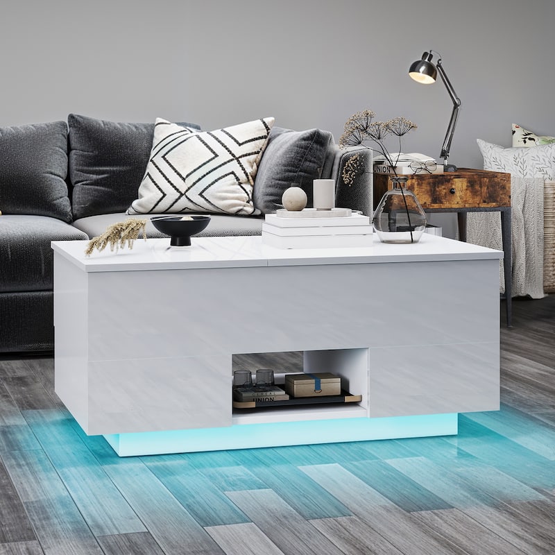 Moasis Modern Glossy Lift Top Coffee Table with Drawers and Hidden Compartment