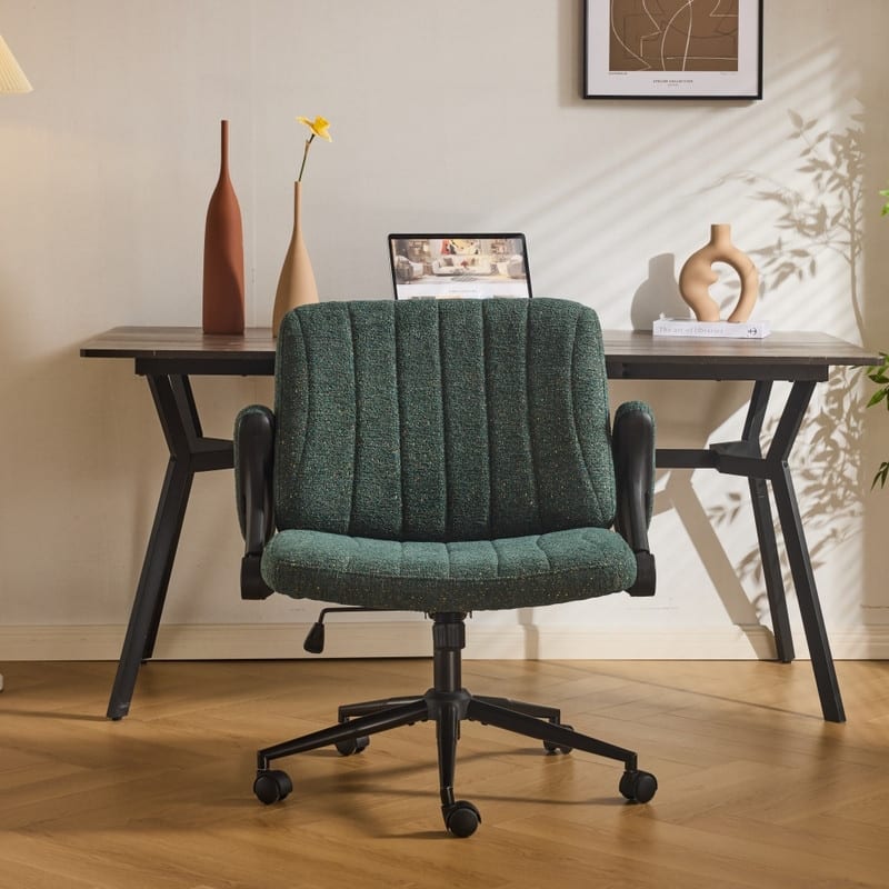 Speckled Chenille Swivel Chair With Flip-Up Arms For Cross-Legged - Dark green