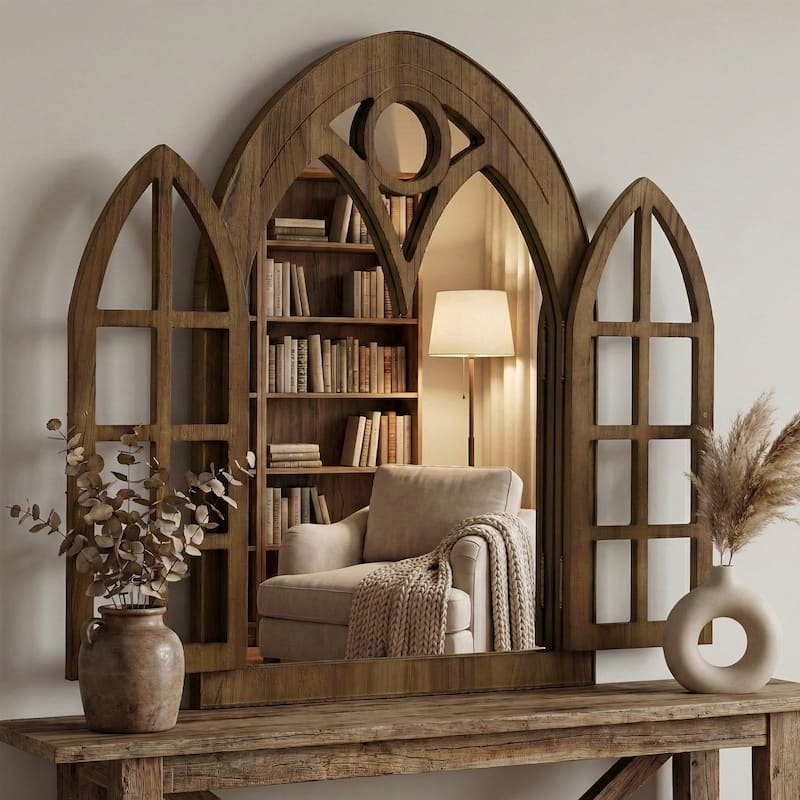 Classic Arched Wood Framed Window Pane Wall Mirror - 24x36 - Brown