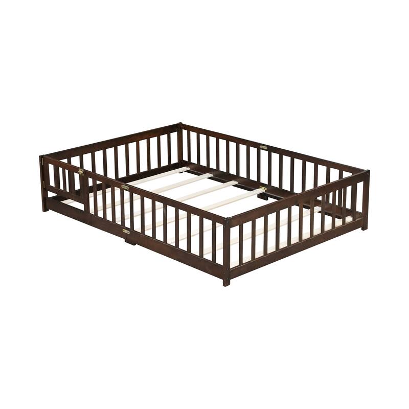 Floor Bed with Fence,Door and Safety Guardrails,Ideal for Kids' Play and Sleep