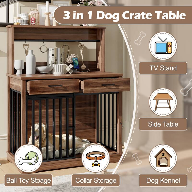 43.3" Dog Crate Furniture with 3 Drawers Indoor Wooden Dog Kennel, 2 Door Dog Cage End Table with Portable Feeder