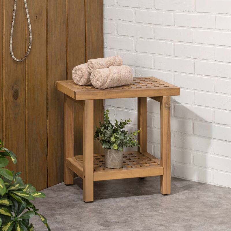 Armin 18.1" Classic Grid Slat Solid Acacia Wood Indoor/Outdoor Shower Stool, By JONATHAN Y - 18.1L x 11.81W x 17.72H