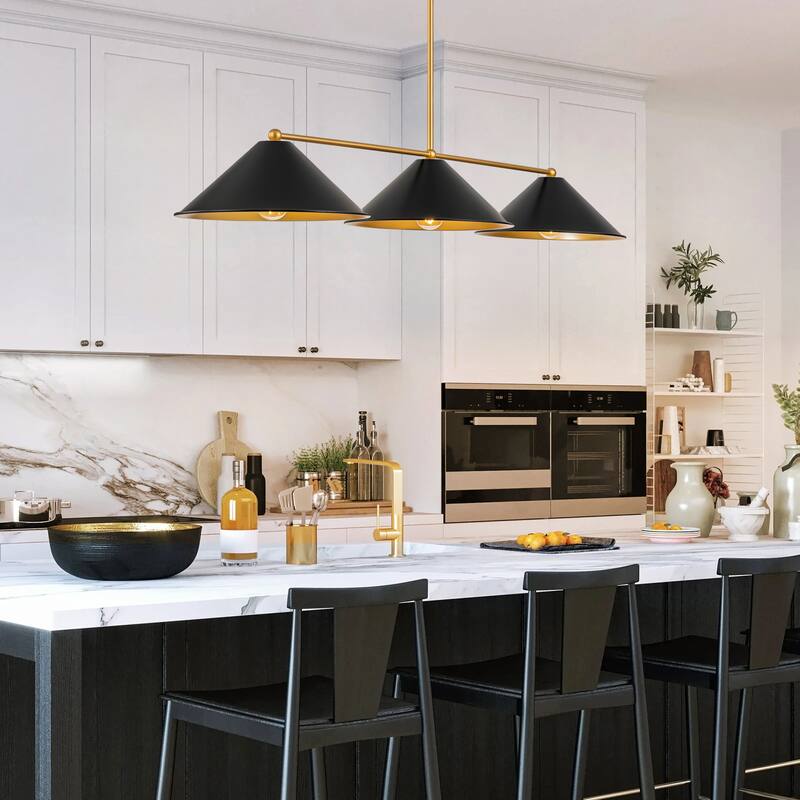 3-Light Mid-Century Modern Black/White Linear Cone Large Chandelier for Dining Room and Kitchen Island