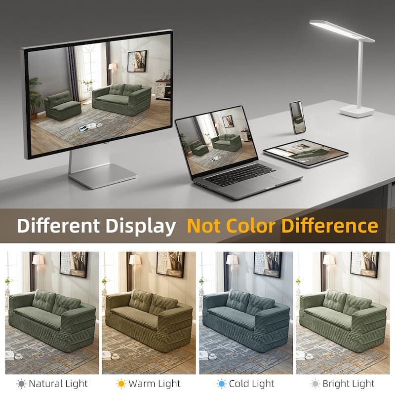 Sleeper Sofa with Chaise Lounge, Convertible Sectional Couch Bed, Corduroy 3-Seat Sofa, Folding Boneless Couch