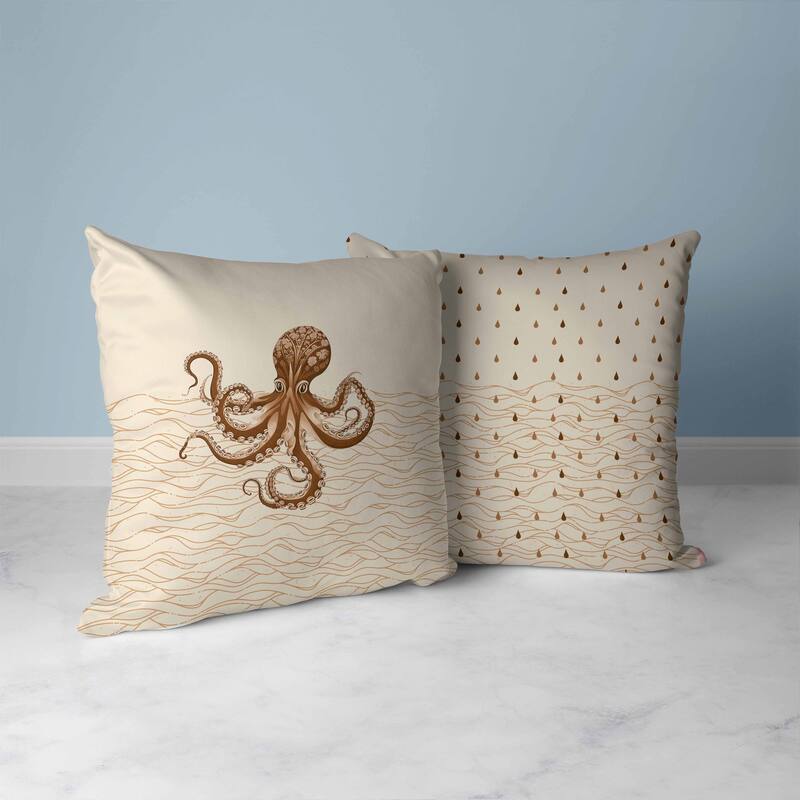 Oceanic Octo Art Faux Suede Reversible Throw Pillow Cream and Coffee