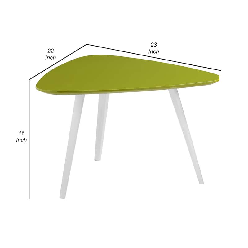 23 Inch Accent Table, Triangular Top, Green Lacquer Top and White Legs
