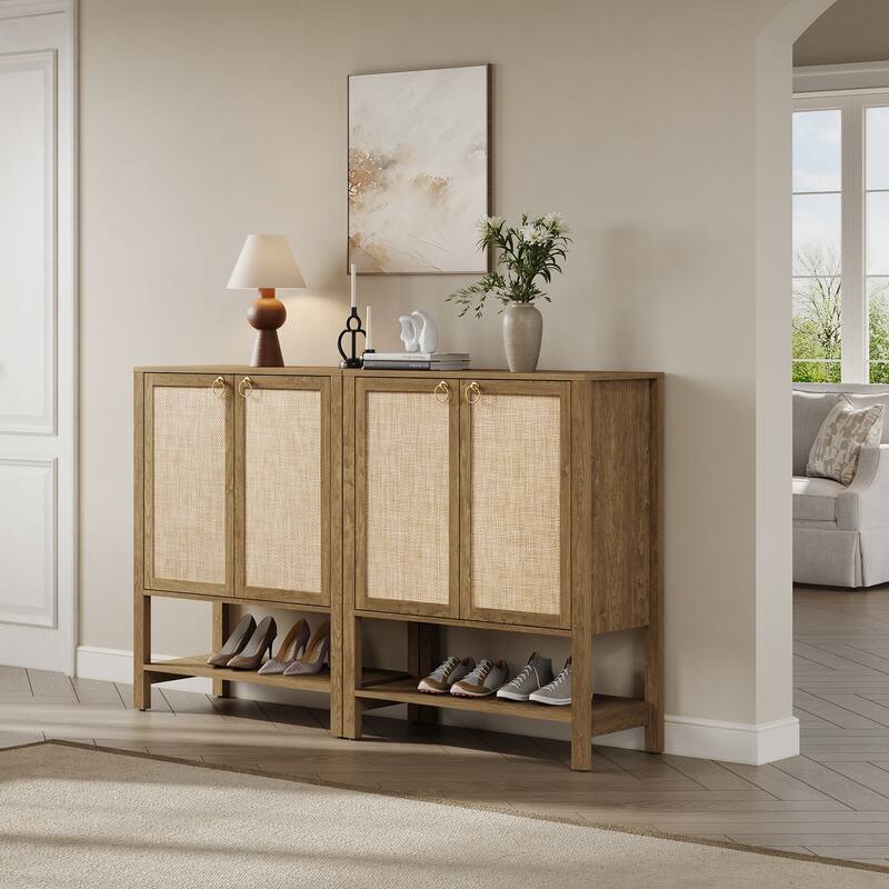 Rattan - Doors Shoes Cabinet with Adjustable Interior