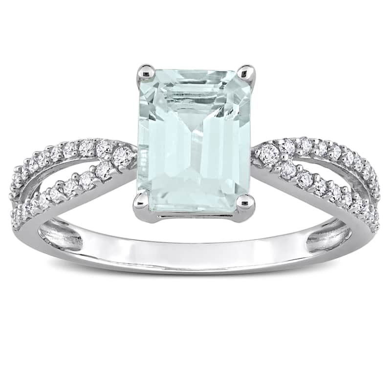 Miadora Octagon-cut Aquamarine and 1/5ct TDW Diamond Split Shank Cocktail Ring in 14k White Gold