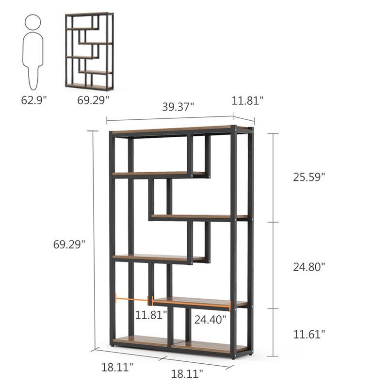 69-inch Tall Bookshelf, 6Tiers Bookcase, Industrial Wood/ Metal Display Etagere Rack