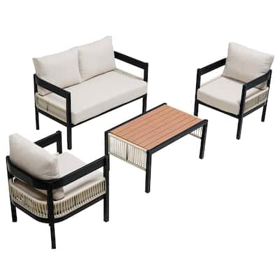 4 Piece Iron Patio Furniture Set, Outdoor Conversation Sofa Set with Coffee Table and Removable Cushions