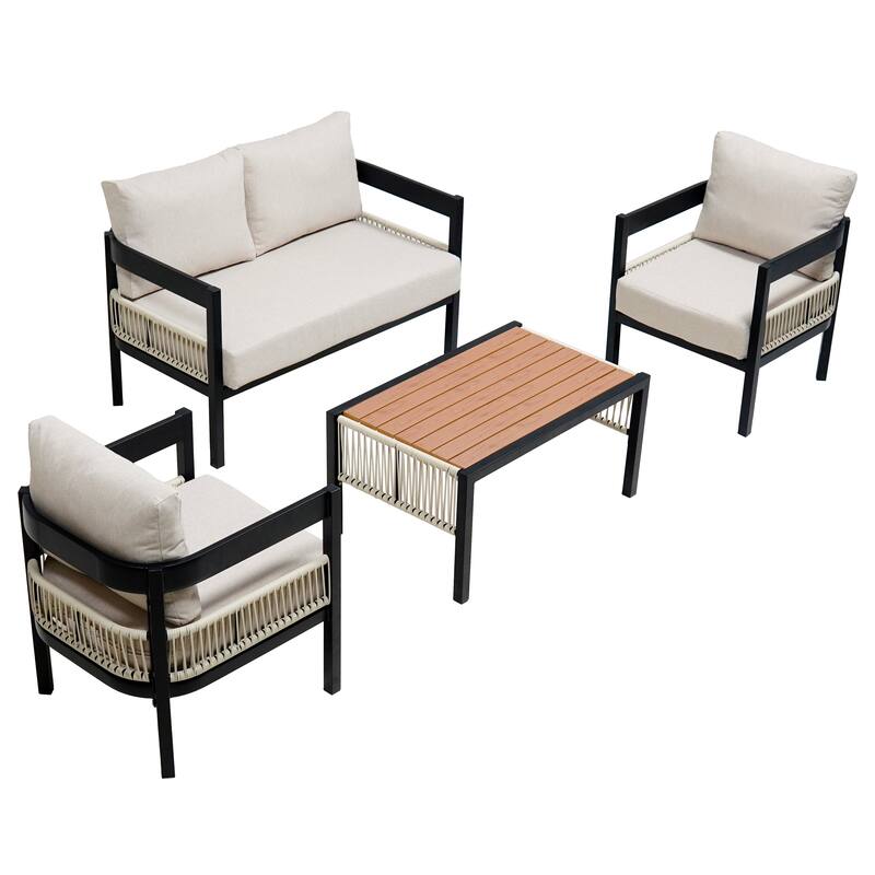 4-Piece Outdoor Iron Cnversation Sofa Set with Coffee Table, Rattan Decoration