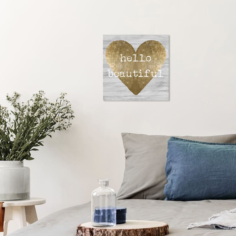Wynwood Studio 'Hello Beautiful' Fashion and Glam Wall Art Canvas Print Hearts - Gold, Gray - 12 x 12