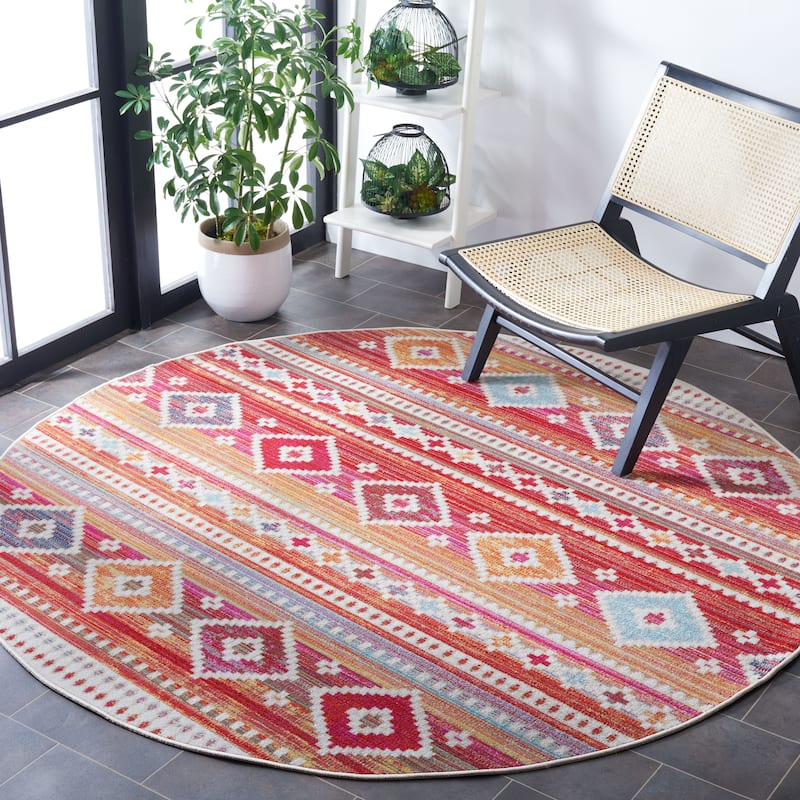 SAFAVIEH Montage Pelin Indoor/ Outdoor Waterproof Patio Backyard Rug - 6'7" Round - Red/Fuchsia