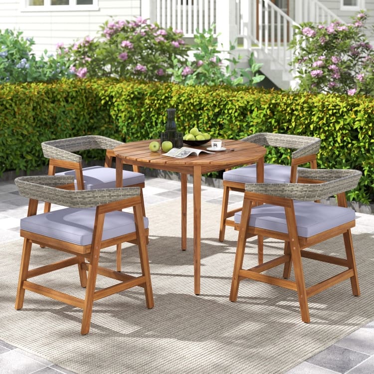 Grey Rattan Wood 5 Piece Round Patio Dining Set with Cushions - Table: 36" x 28"