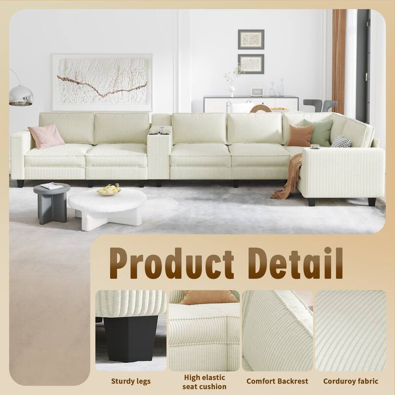 133" L-Shaped 6-Seater Corduroy Sectional - Storage Armrests with USB Charging & Reversible Design