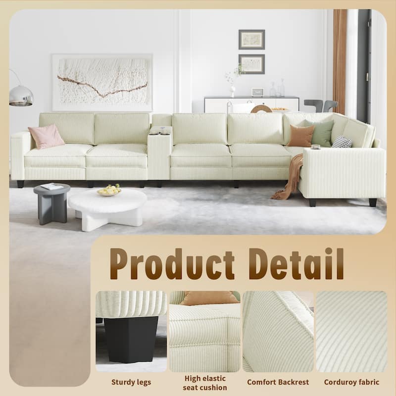 GDFStudio - MetroFlex L-Shaped Corduroy Sectional Sofa with Storage Armrests & USB Charging