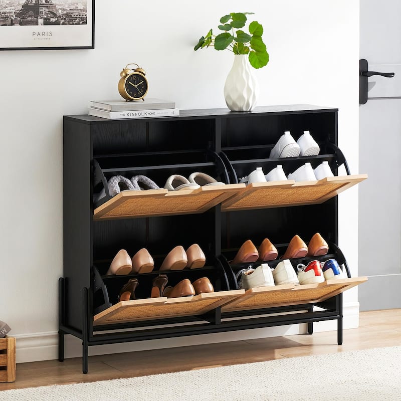 Natural Rattan 4 Flip Door Shoe Cabinet Organizer Freestanding, Modern Shoe Rack Storage Organizer - 39.4x9.4x34.6in