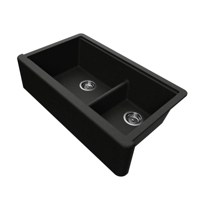 Self-Trimming Quartz Composite 36" Farmhouse Double Bowl Kitchen Sink - Black