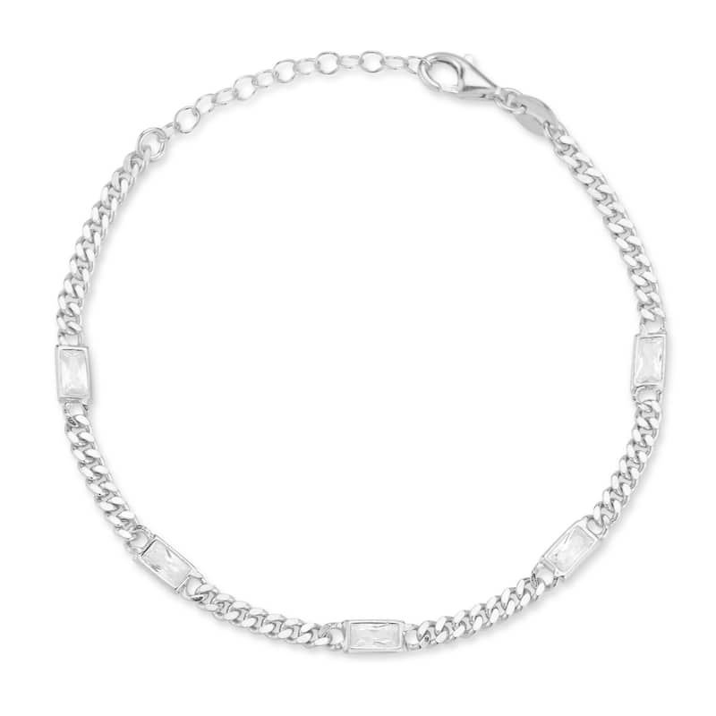 Soleil Sterling Silver Baguette CZ Station Curb Chain Bracelet - White