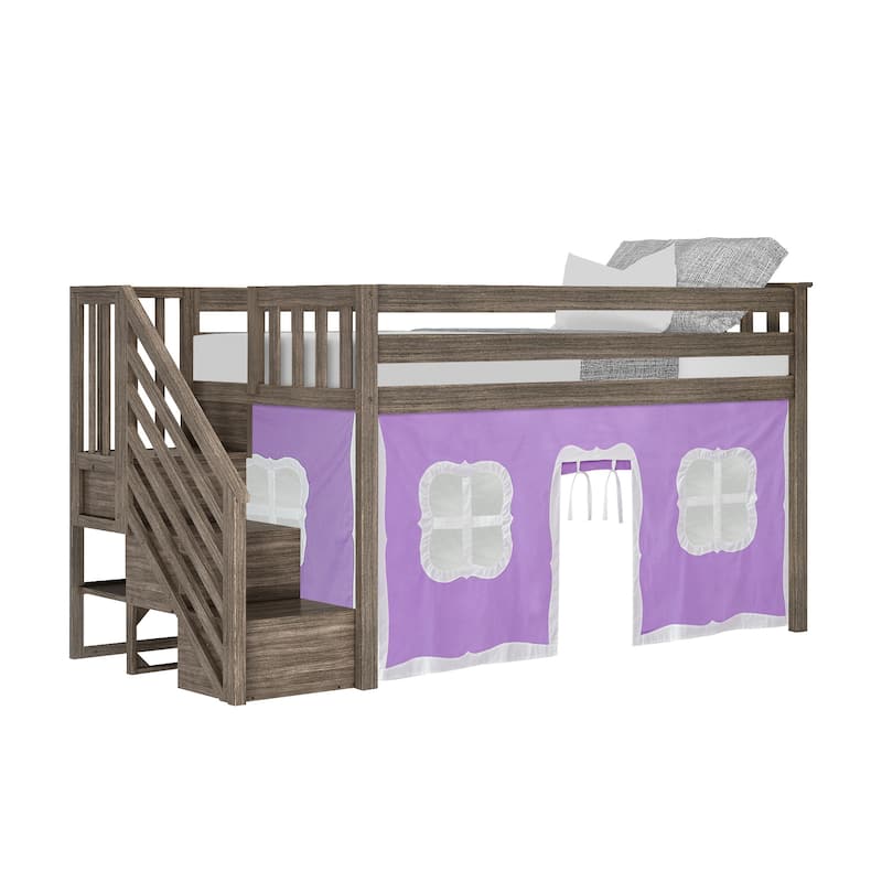 Max and Lily Twin Low Loft with Stairs and Curtains