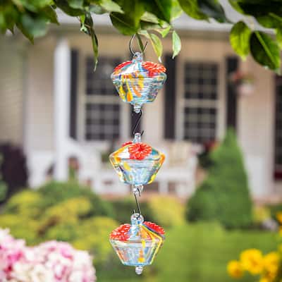 Art Glass Hanging Chained Hummingbird Feeder, Blue & Yellow