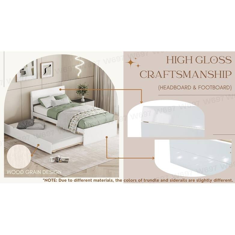 Modern Twin Size Platform Bed with Light Oak Trundle,High Gloss Headboard and Footboard
