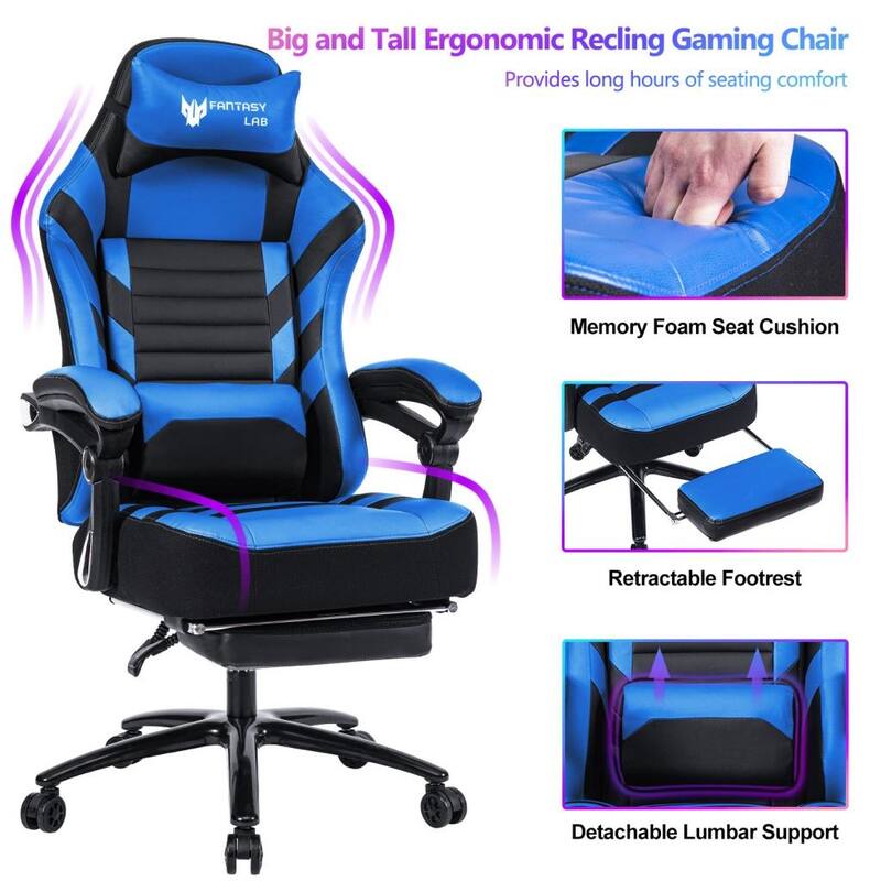 PU Racing Gaming Chair with Massage Lumbar Support and Retractable Footrest