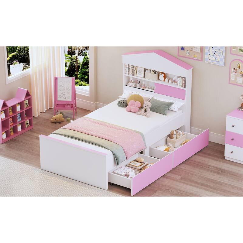 Twin Size House-Shaped Wooden Bed with Storage Shelf on the Headboard, Built-in Two Storage Drawers