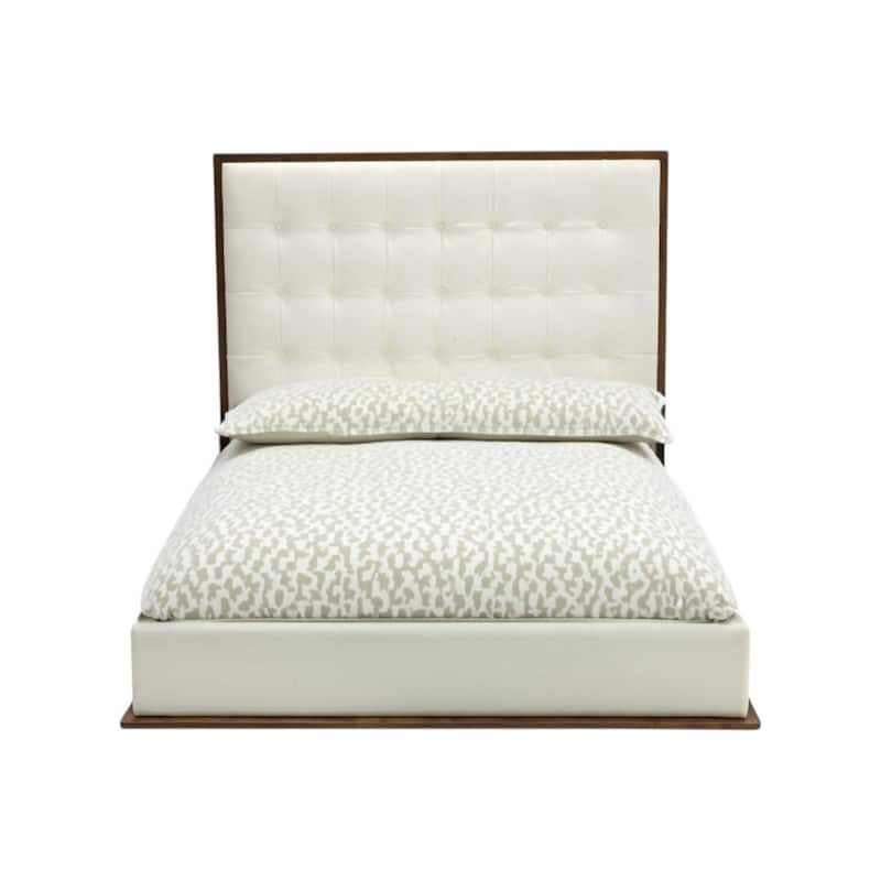 HomeRoots Brown and White Wood And Tufted Faux Leather Queen Bed Frame