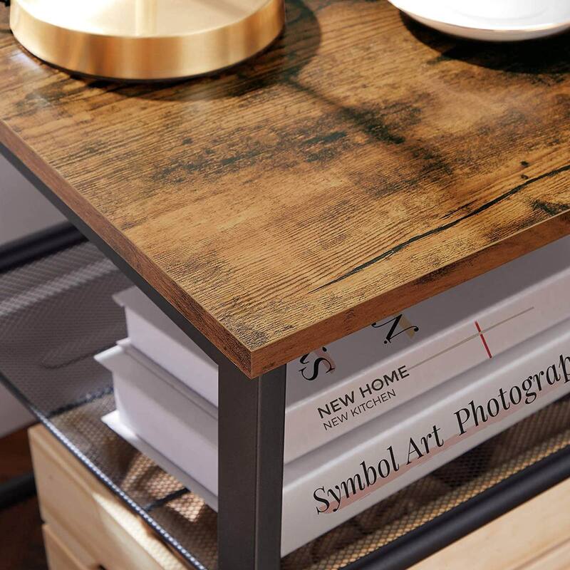 Industrial Nightstand, Set of 2 Side Tables, End Table with Adjustable Mesh Shelves - Rustic Brown